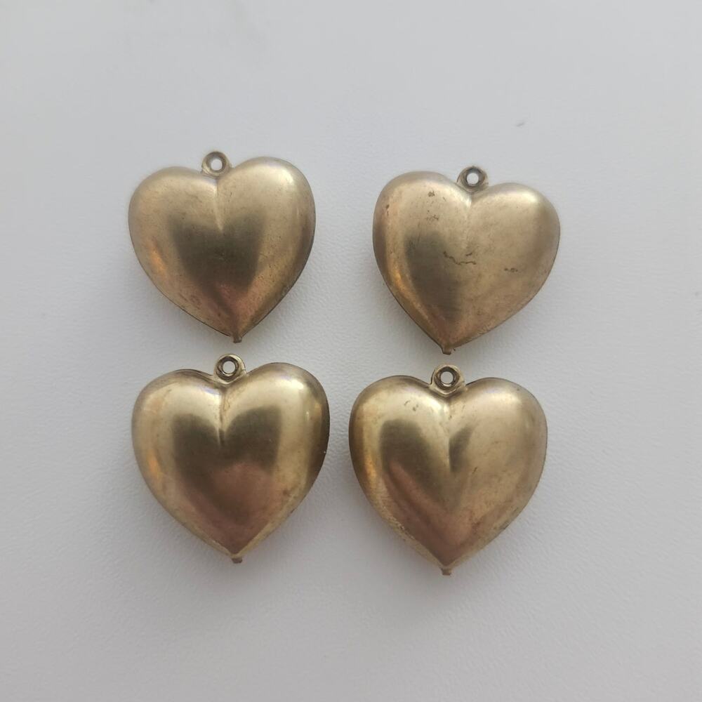 Brass Puffy Heart Charms Lot 4 Pendants Jewelry Making Supply Findings Patina